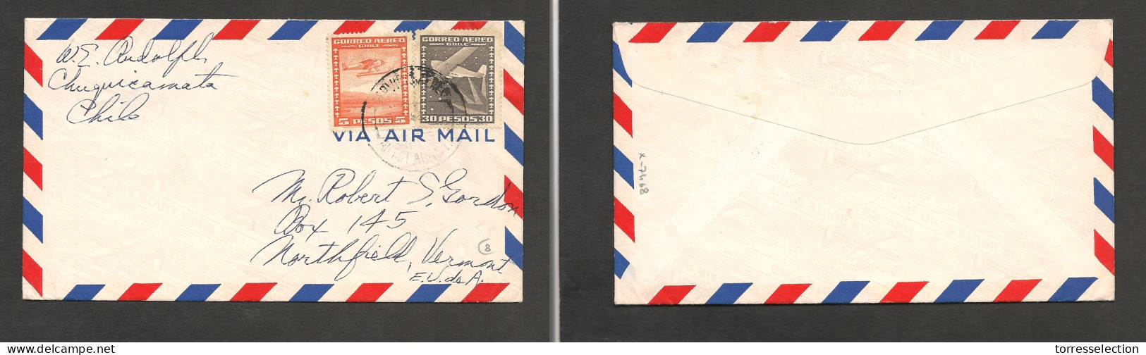 CHILE. Chile - Cover - 1956 3 Apr Antofagasta To USA Northfield Vermont Air Mult Fkd Env At 35$ Rate, Fine. Ex-Prof West - Chili