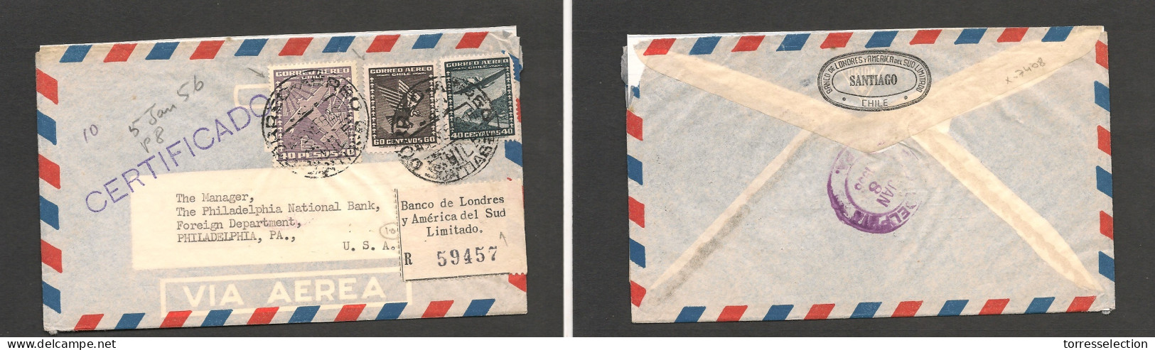 CHILE. Chile - Cover - 1956 15 Jan Stgo To USA Pha Registr Air Mult Fkd Env $41 Pesos Rate Banco Londres Y America Sud R - Chili