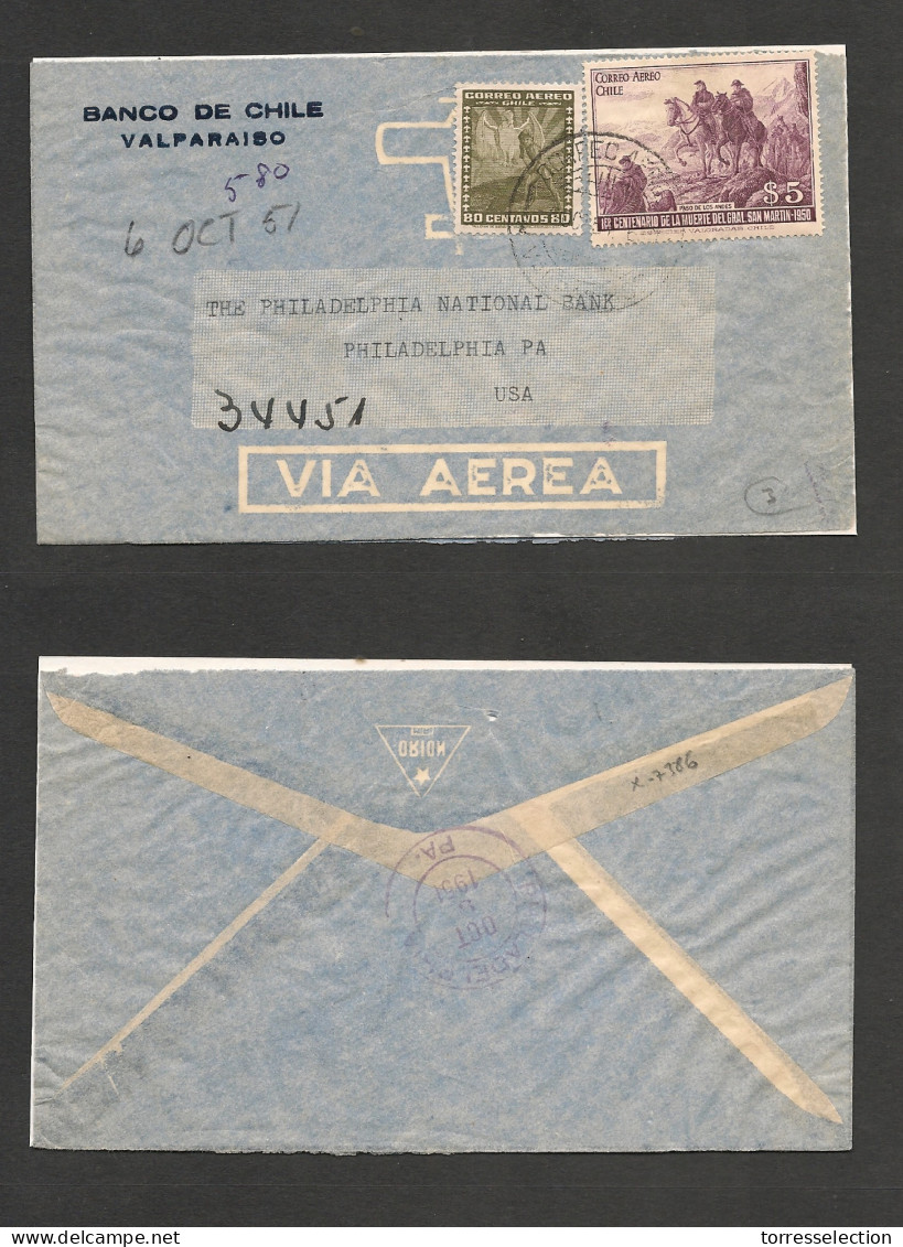CHILE. Chile - Cover - 1951 6 Oct Valp To USA Pha Air Mult Fkd Env Rate $5.80. Ex-Prof West UK Airmails Coll.- . Easy De - Chile