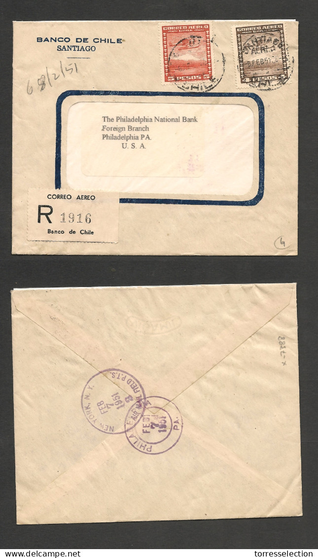 CHILE. Chile - Cover - 1951 6 Febr Stgo To USA Pha Registr Banco De Chile Label Mult Fkd Env $9 Pesos Rate . Ex-Prof Wes - Chile