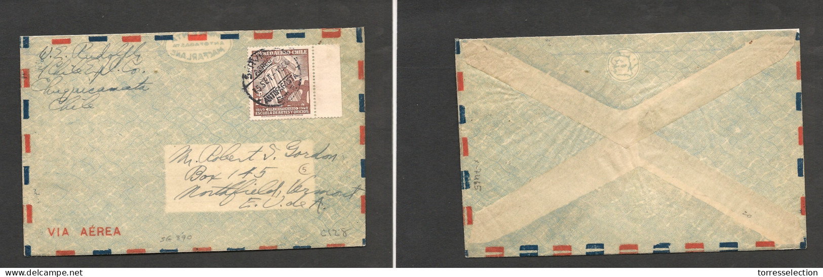 CHILE. Chile - Cover - 1950 15 Seppt Antofagasta To USA Northfield Vermont Single $10 Fkd Env Air Rate, Fine. Ex-Prof We - Chile