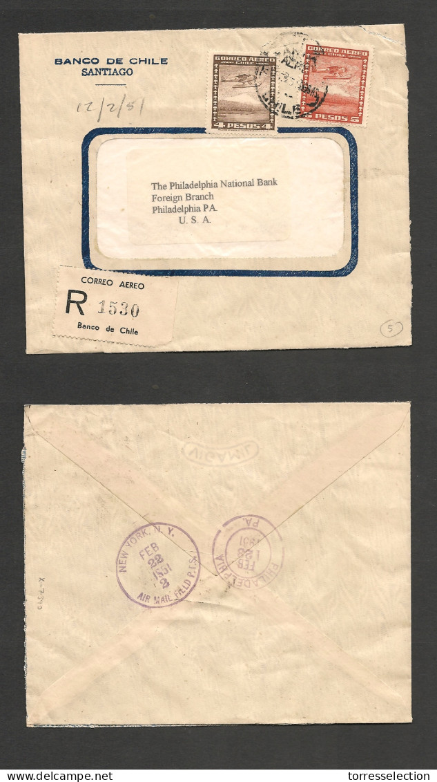 CHILE. Chile - Cover - 1951 20 Febr Stgo To USA Pha Registr Mult Fkd Env Rate $9,00. Ex-Prof West UK Airmails Coll.- . E - Chile