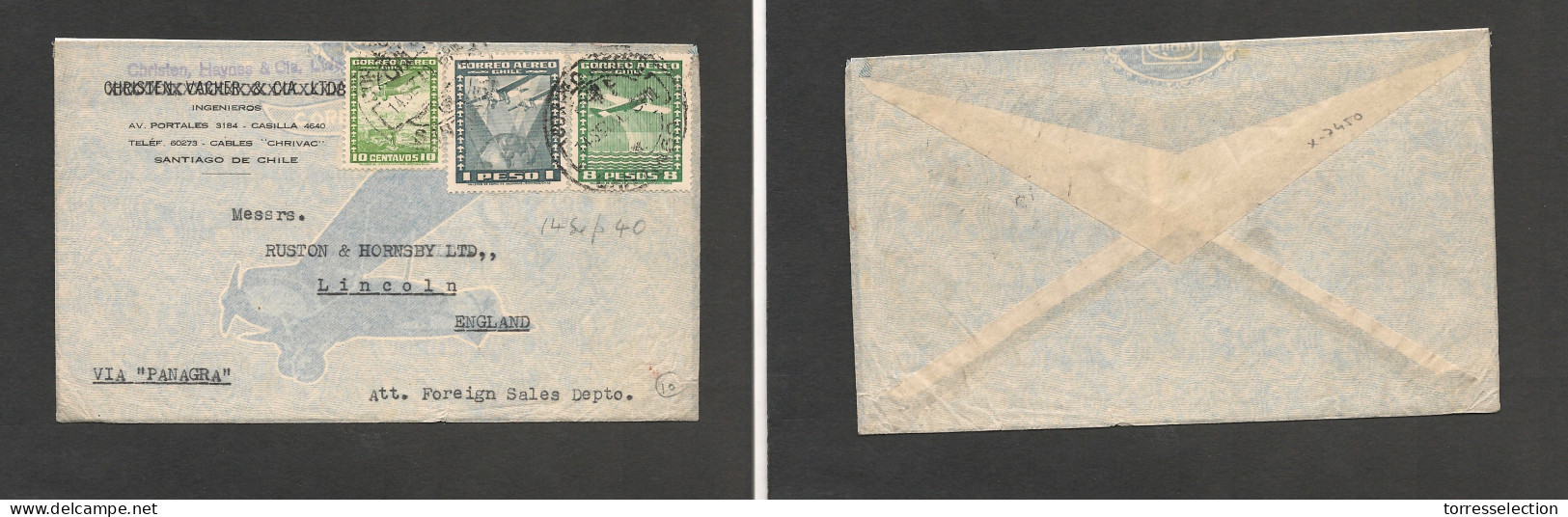CHILE. Chile - Cover - 1940 17 July Stgo To UK Lincoln Air Mult Fkd Env 9.10 Rate Via Panagra And NY Sea Crossing, Fine. - Chili