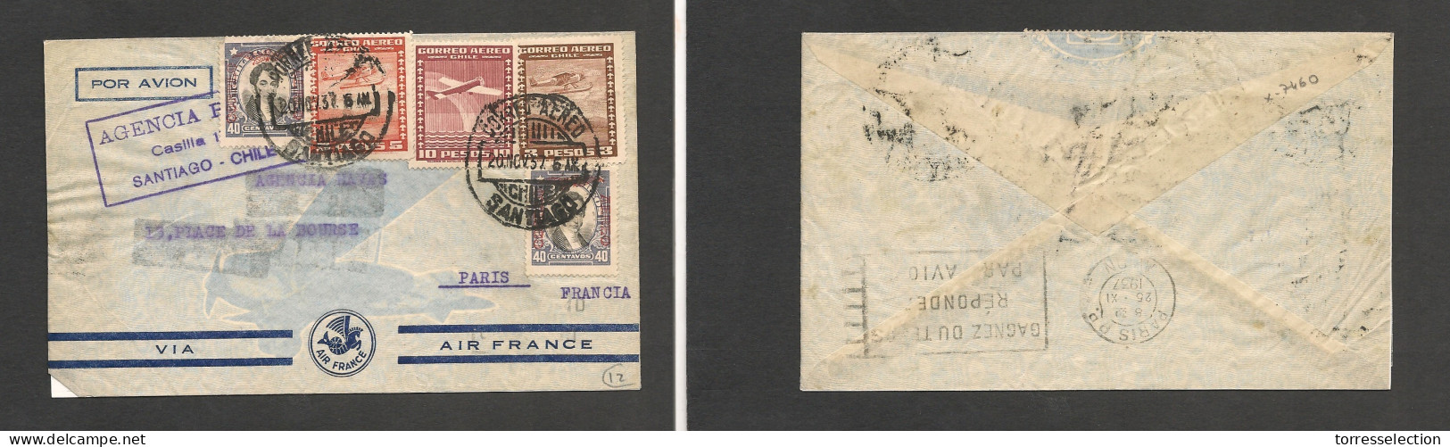 CHILE. Chile - Cover - 1937 20 Nov Stgo To France Paris Air Mult Fkd Env Via Air France Printed Env Rate 18.80$.  $Ex-Pr - Chile