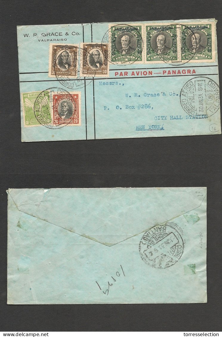 CHILE. Chile - Cover - 1931 30 >June Valp To USA NY Air Panagra Mult Fkd Env Vf.  Ex-Prof West UK Airmails Coll.- . Easy - Chile