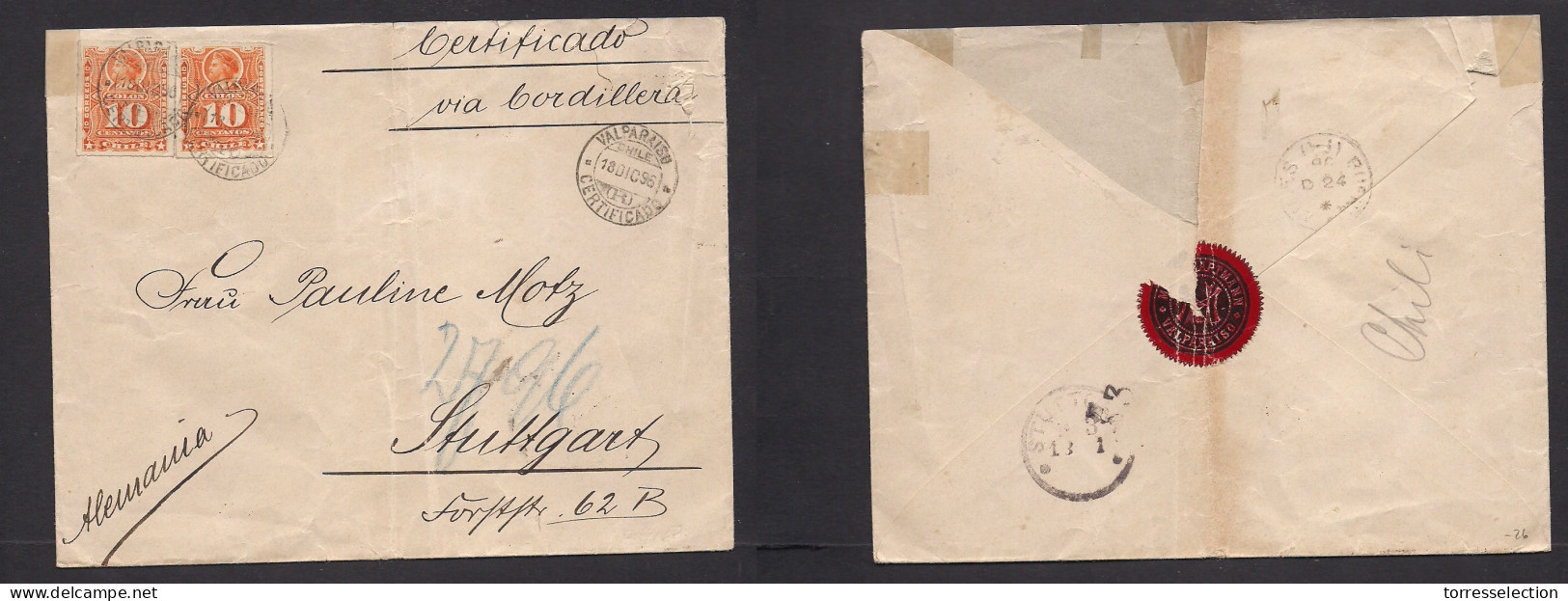 CHILE. 1896 (18 Dec) Valp - Germany, Stuttgart. Registered 20c Rate Multifkd 10c Orange Perce Paid, Tied Cds. Via Cordil - Chili