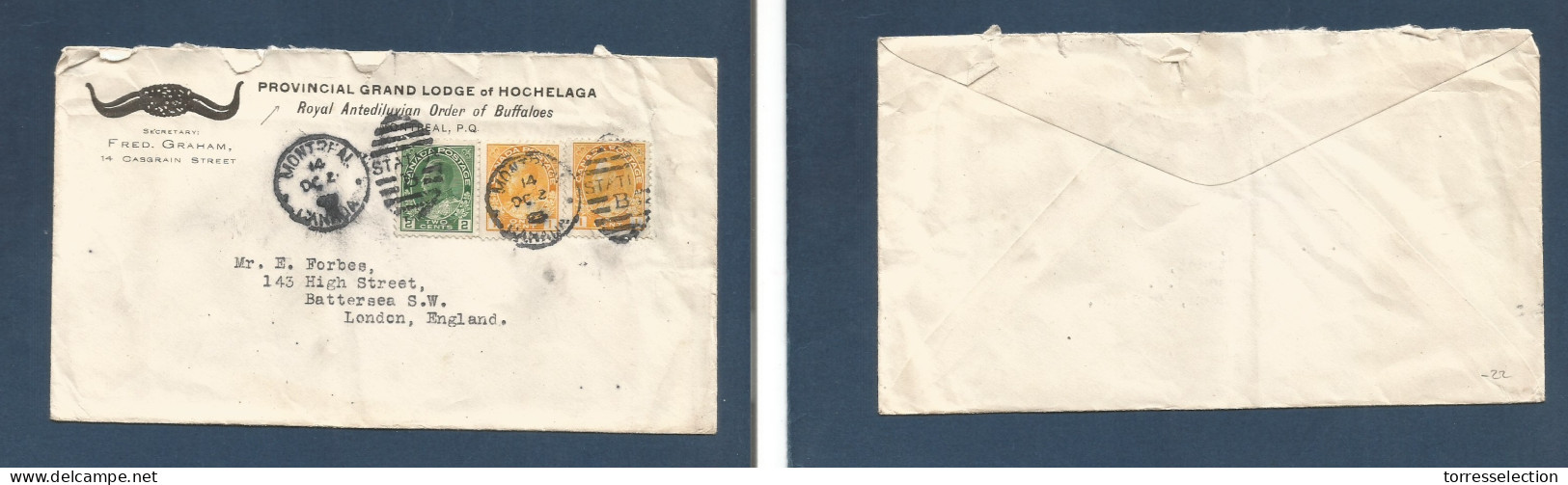 CANADA. 1923 (Oct 2) Montreal - London, England. Grand Lodge Hochelaga Antediluvian Buffalos Horn Illustrated Multifkd E - Sonstige & Ohne Zuordnung
