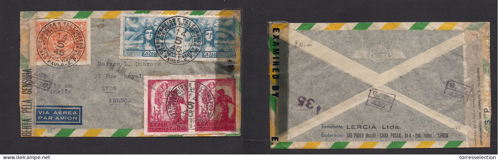 Brazil - XX. 1945 (14 May) Sao Paulo - France, Lyon. Dual Censored Multifkd Air Envelope. Comm Usage Peace Issue. XSALE. - Autres & Non Classés