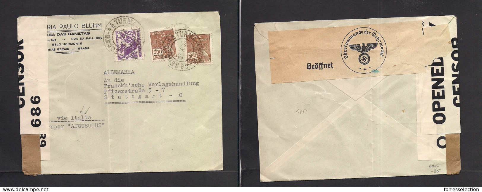 Brazil - XX. 1939 (5 Oct) Belo Horizonte, MG - Germany, Stuttgart. Multifkd WWII Seamail Envelope British + Nazi Censors - Autres & Non Classés