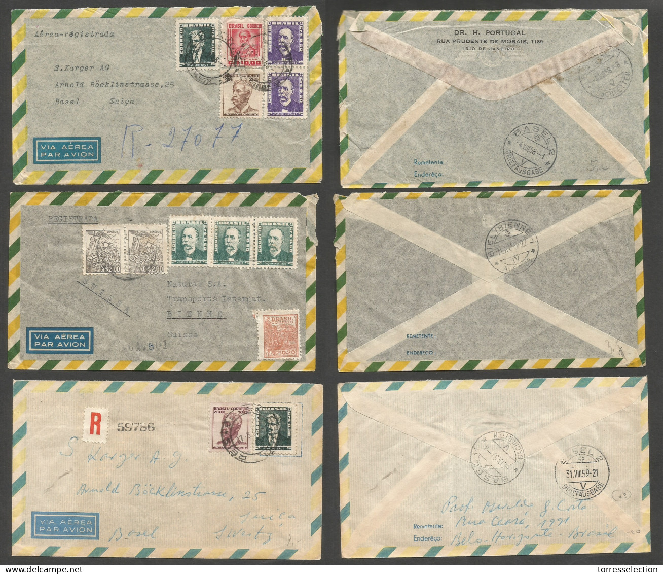 Brazil - XX. 1948-50. RJ / BH - Switzerland, 3 Multifkd Airmails Envelope. VF Usages. Registered. XSALE. - Autres & Non Classés