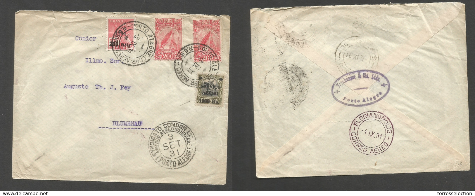 Brazil - XX. 1931 (3 Sept) Porto Alegre - Blumenau (5 Sept) Via Florianopolis. Air Multifkd Env Incl Zeppelin Stamps. XS - Autres & Non Classés