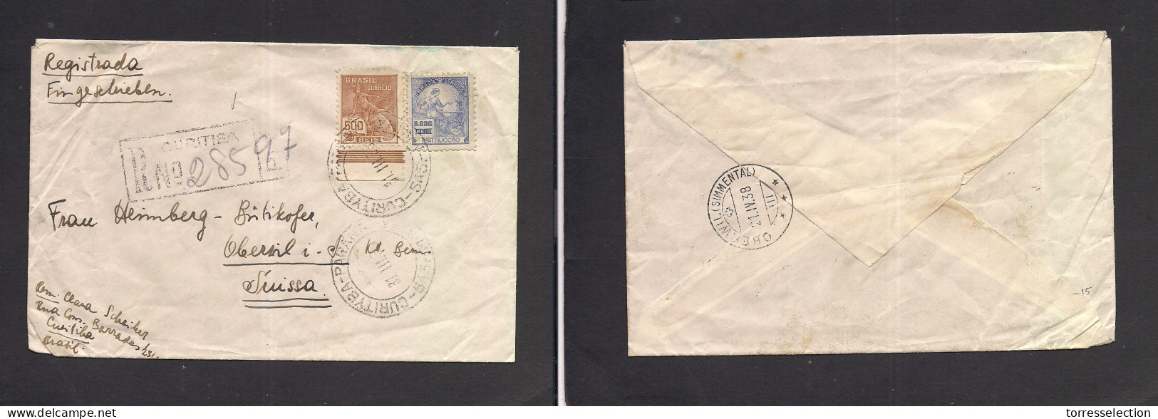 Brazil - XX. 1928 (31 March) Curityba - Switzerland, Oberol (21 April) Registered Multifkd Env. Fine Used + R-cachet. XS - Other & Unclassified