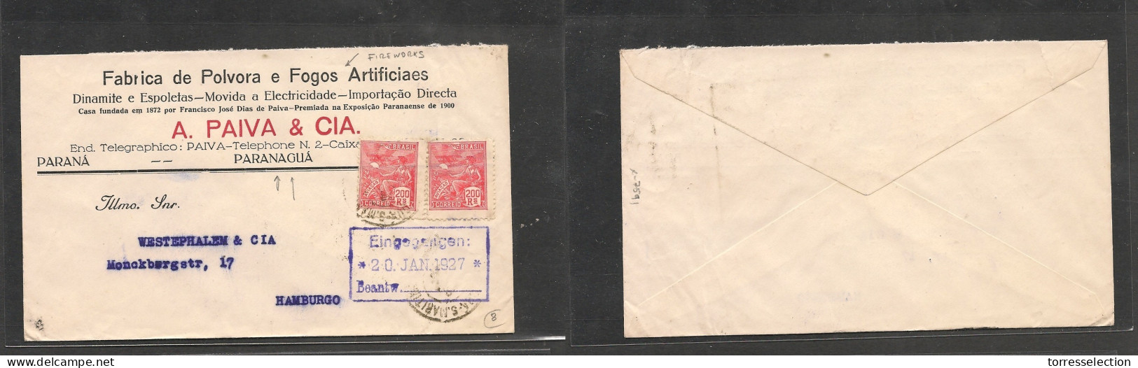 BRAZIL. Brazil Cover - 1927 Paranagua To Germany Hamburg Color Illustr Power And Fireworks Business Mult Fkd Env XSALE. - Other & Unclassified