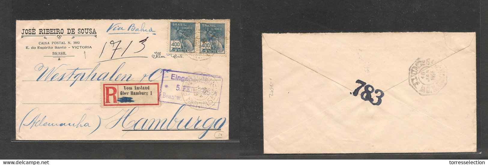 BRAZIL. Brazil Cover - 1925 Victoria To Germany Hamburg Via Bahiaregistr Mult Fkd Env Illustr Env Special Provisional Ge - Andere & Zonder Classificatie