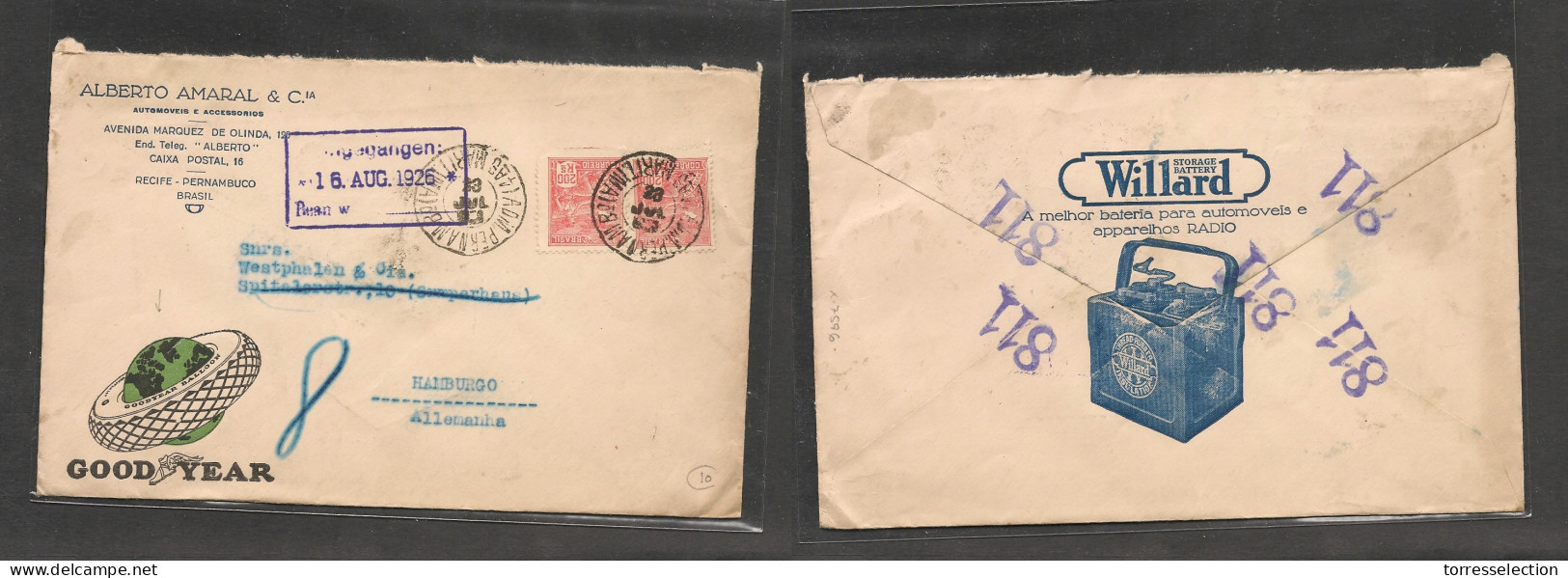 BRAZIL. Brazil Cover - 1926 Recife To Germany Hamburg Illustr Good Year Color Mult Envelope, Nice Item XSALE. - Other & Unclassified