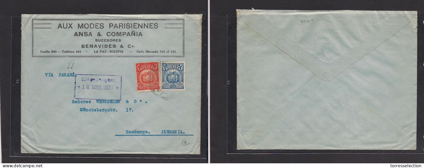 BOLIVIA. Bolivia  -cover - 1927 La Paz To Germany Hamburg Fkd Env Via Panama. Easy Deal. XSALE. - Bolivia