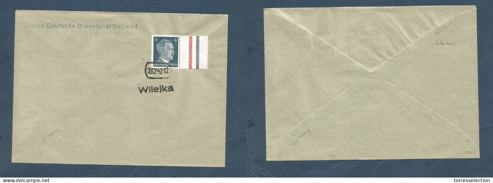 BIELORUSIA. 1942 (23 Febr) Wilejka. Nazi Occup Official Mail Fkd Envelope. Uncirculated + Stlines Cacheted. Fine. XSALE. - Bielorrusia