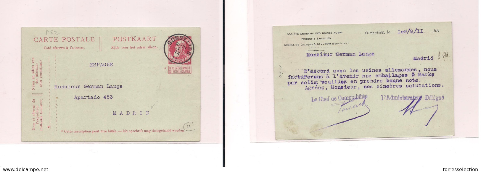 BELGIUM. Cover -  1911 Goselles To Spain Madrid Stat Card XSALE. - Autres & Non Classés