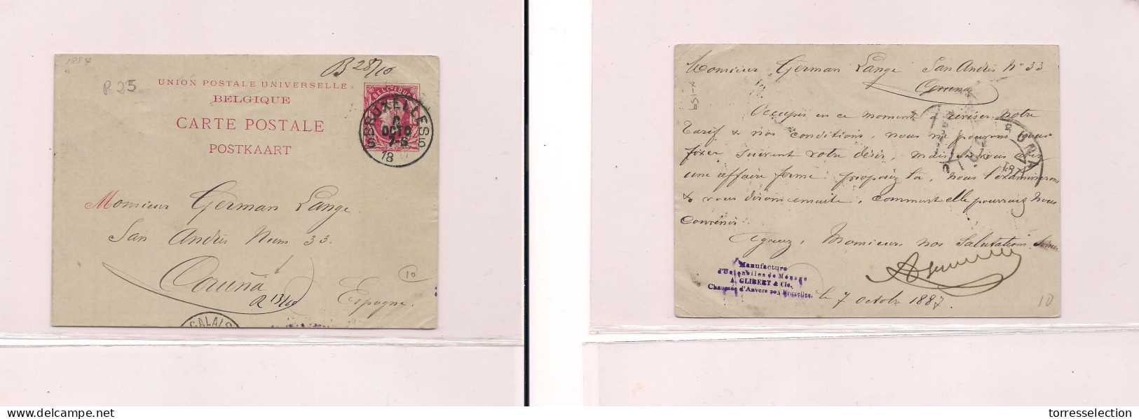 BELGIUM. Cover -  1887 Bruxels To Spain Coruña Stat Card XSALE. - Autres & Non Classés