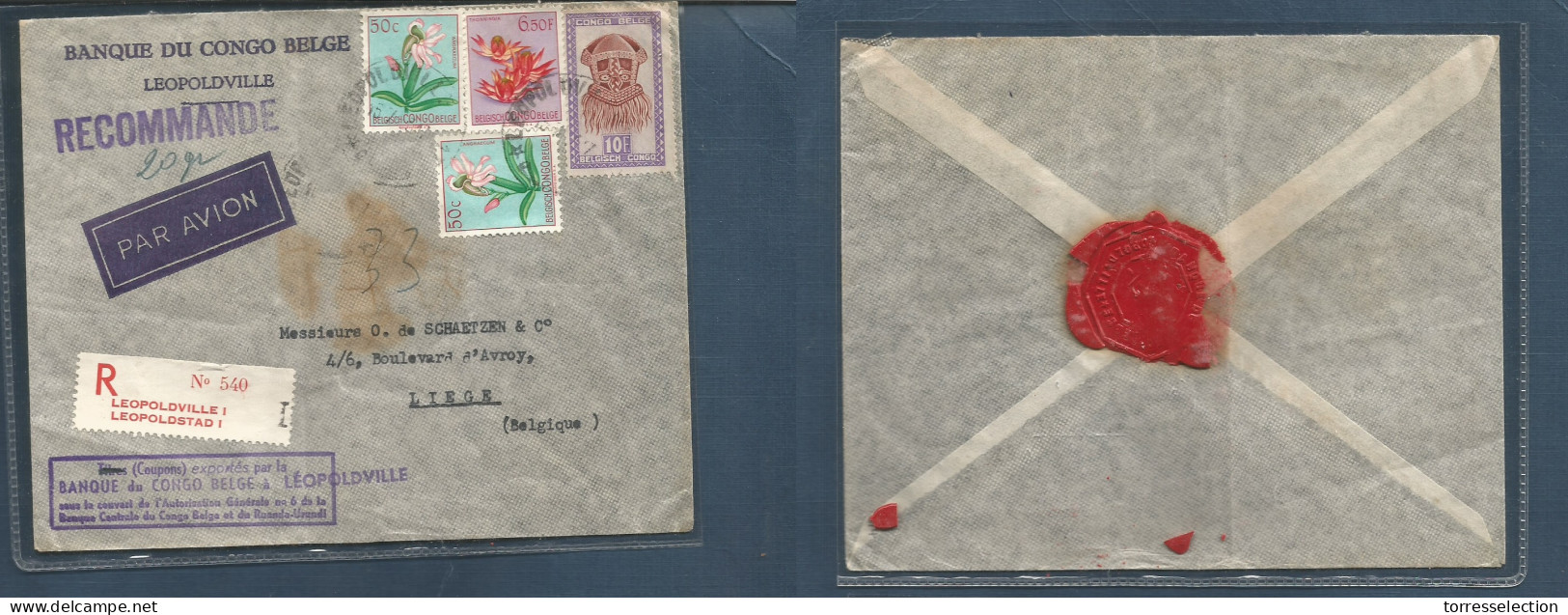 BELGIAN CONGO. 1955. Leopoldville - Belgium, Liege. Registered Air Mixed Issues Multifkd Envelope Incl. Orchids, Tied Cd - Andere & Zonder Classificatie