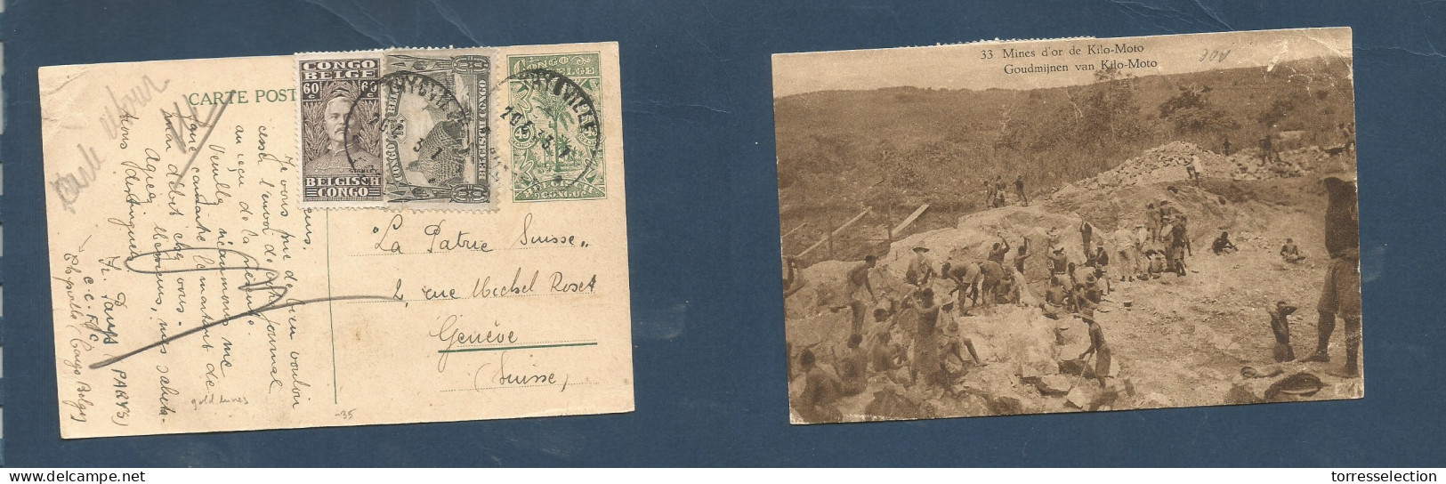 BELGIAN CONGO. 1933 (20 Apr) Thysville - Switzerland, Geneva. 45c Green Stat Card + 2 Adtls Tied Cds. Gold Mines Kilo -  - Sonstige & Ohne Zuordnung