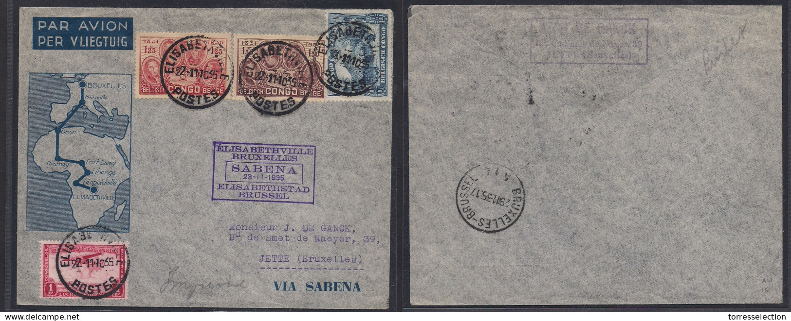 BELGIAN CONGO. 1935 (22 Nov) Congo - Belgium. First Sabana Flight. Multifkd Env. XSALE. - Andere & Zonder Classificatie