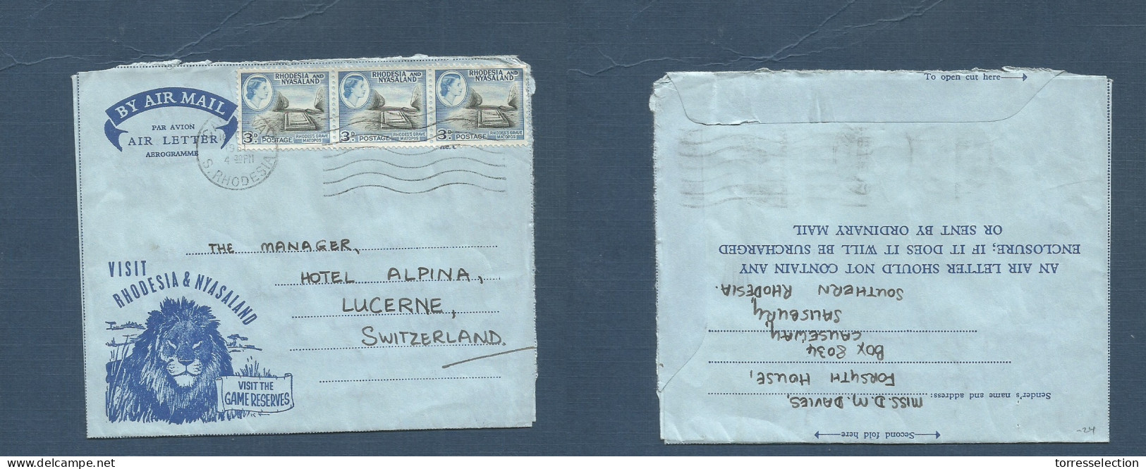 BC - Rhodesia. 1961 (16 Feb) SR Causeway - Switzerland, Luzern. Illustrated Multifkd Air Lettersheet Rolling Cachet, At  - Autres & Non Classés