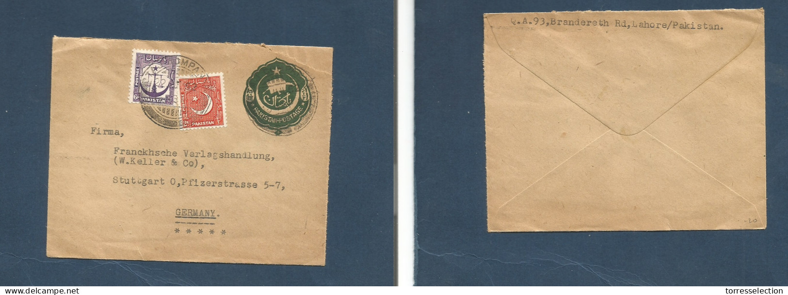 BC - Pakistan. 1952 (18 April) Lahore - Germany, Stuttgart. 1 1/2 Dark Green Dark Green Stat Env + 2 Adtl, Tied Transit  - Other & Unclassified