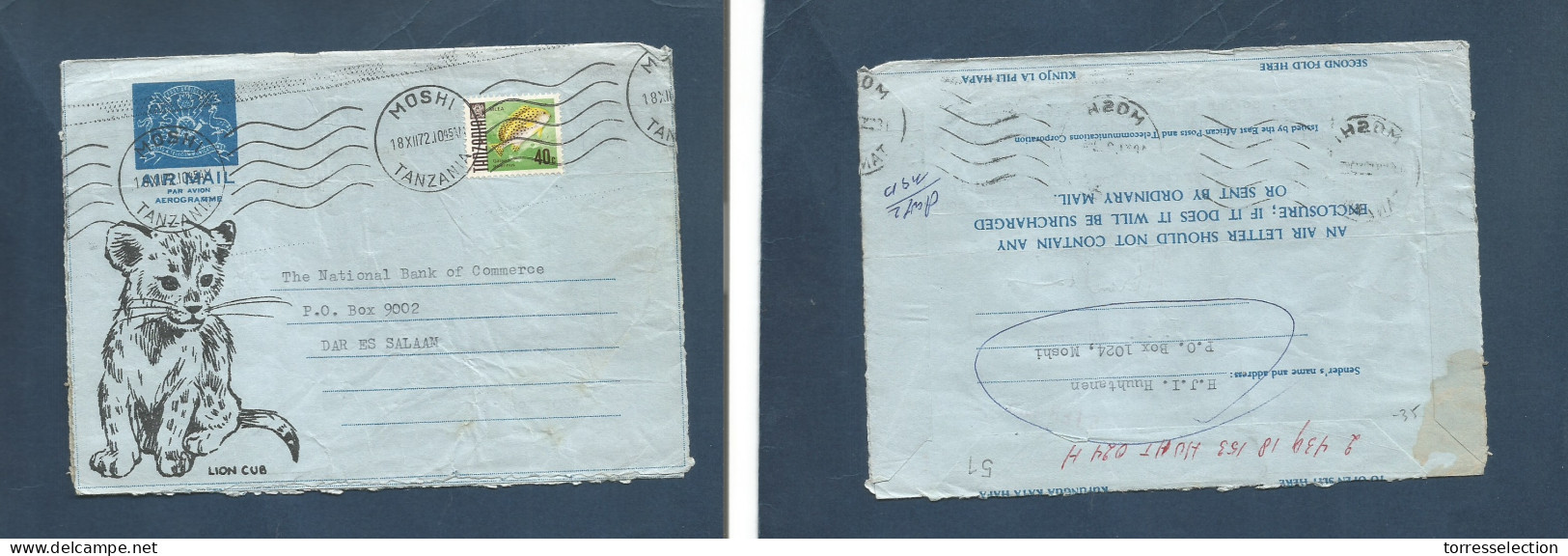 BC - Kenya. 1972 (18 Dec) Tanganika, Moshi - DES. 40c Fkd Illustrated Lion Club Air Letter Sheet With Contains. XSALE. - Autres & Non Classés