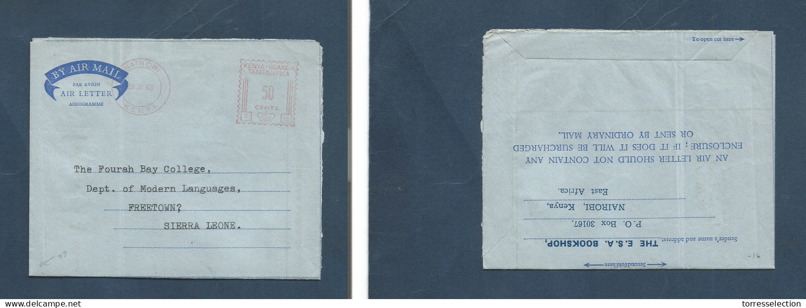 BC - Kenya. 1963 (29 Oct) Nairobi - Sierra Leone, Freetown. Machine Fkd (50 Cts) Air Lettersheet. Printed Comercial Orde - Other & Unclassified