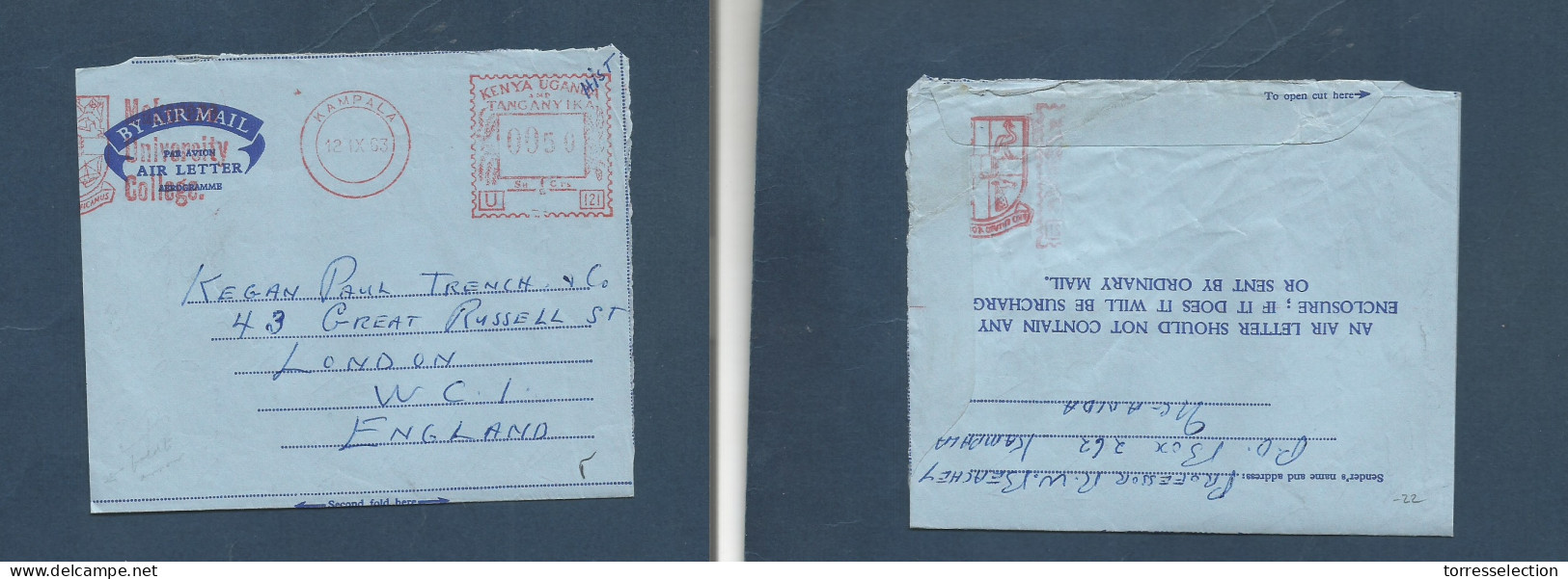 BC - Kenya. 1963 (12 Sept) Uganda, Kampala - England, London. Machine Fkd At 50c Rate Air Lettersheet. Printed Illustr U - Other & Unclassified
