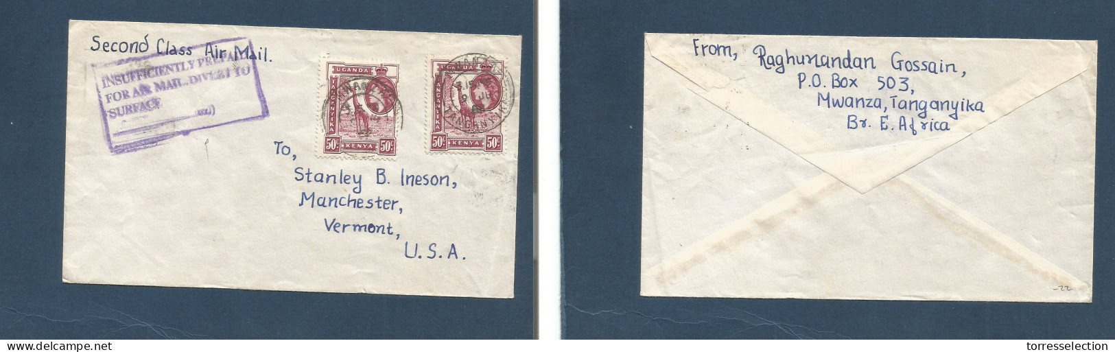 BC - Kenya. 1958 (9 June) Tanganika, Mwanza - USA, Vermont. 1sh Multifkd Rate Envelope + "insuff Prepaid" Cachet. 2nd Cl - Other & Unclassified