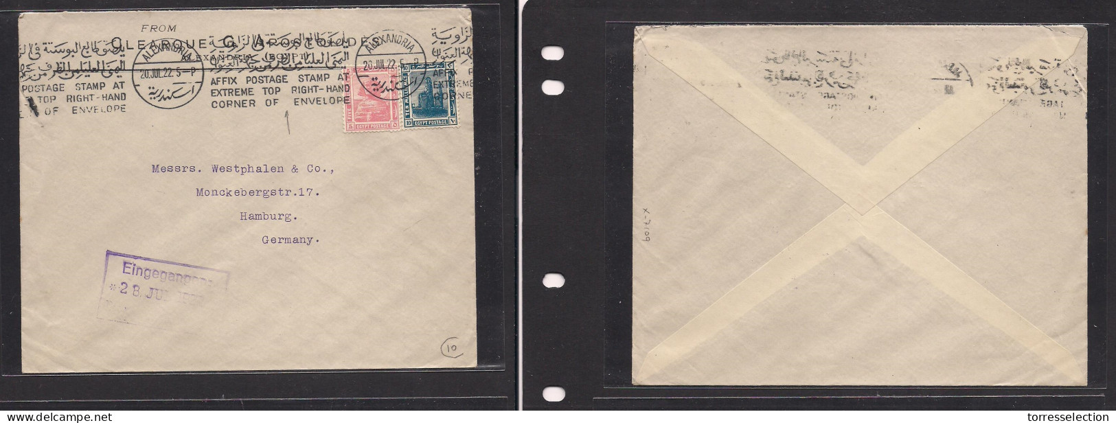 EGYPT. Egypt - Cover - 1922 Alexandrie To Germany Hamburg Mulf Fkd Env Sphinx Slogan Rolling Cachet Biligual Xf. Easy De - Other & Unclassified