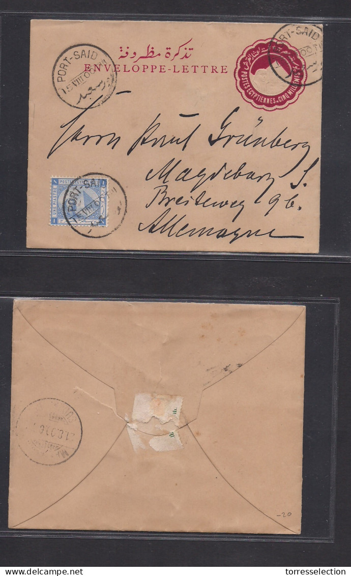 EGYPT. 1900 (15 Aug) Port Said - Germany (21 Aug) Magdeburg. 5ms Red Stat Embossed Envelope + Adtl Cds. XSALE. - Andere & Zonder Classificatie