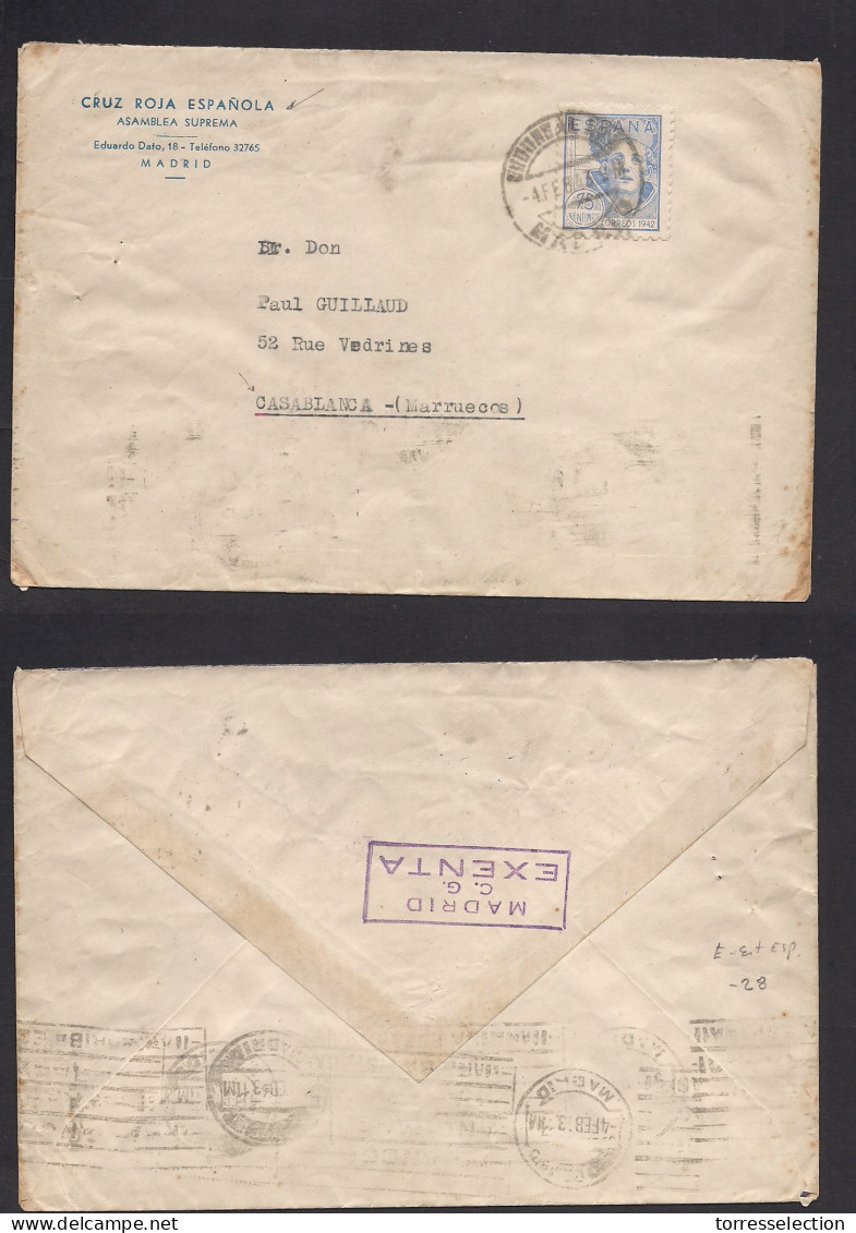 E-ESTADO ESPAÑOL. 1944 (4 Febr) Madrid - Casablanca, Marruecos. Sobre Cruz Roja Española Con Raro Destino. XSALE. - Autres & Non Classés