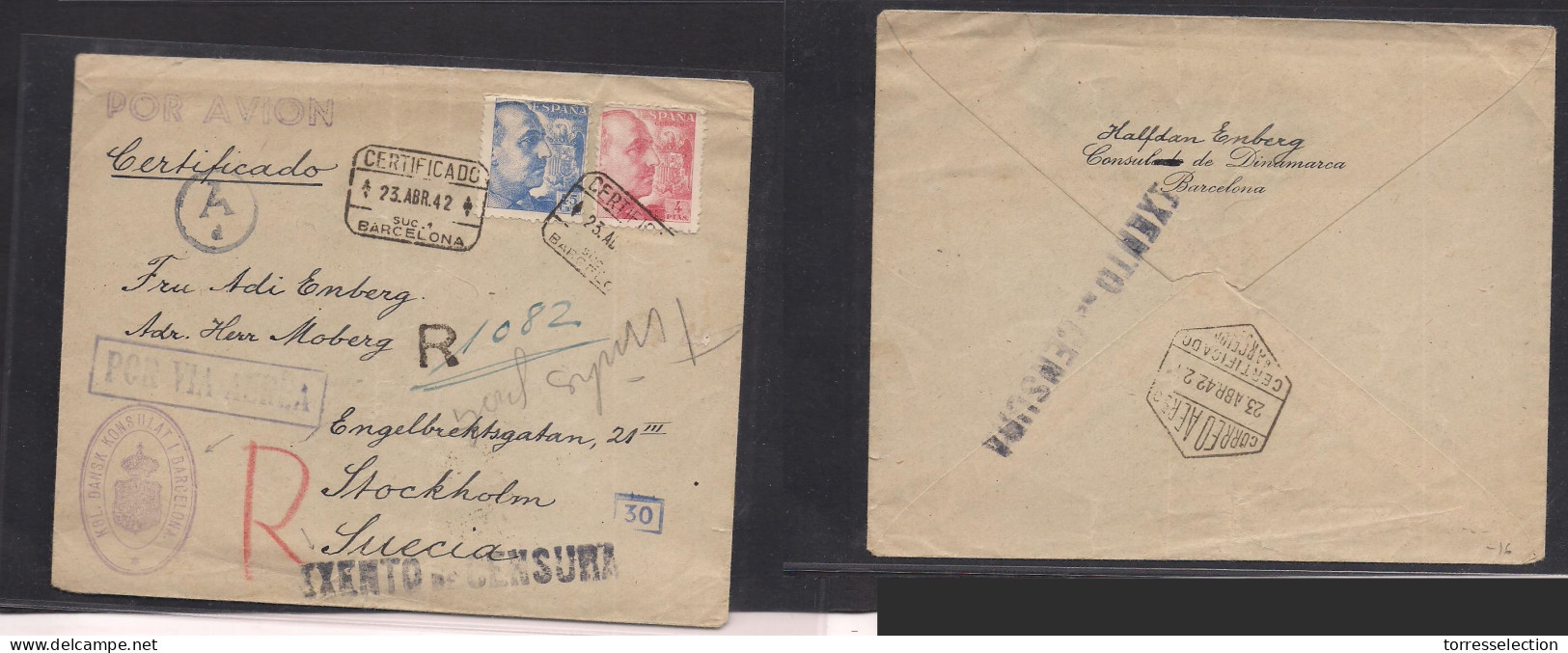 E-ESTADO ESPAÑOL. 1942 (23 April) Barcelona - Suecia, Estocolmo. Sobre Consular Certificado Via Aerea. Exento Censura Ta - Other & Unclassified