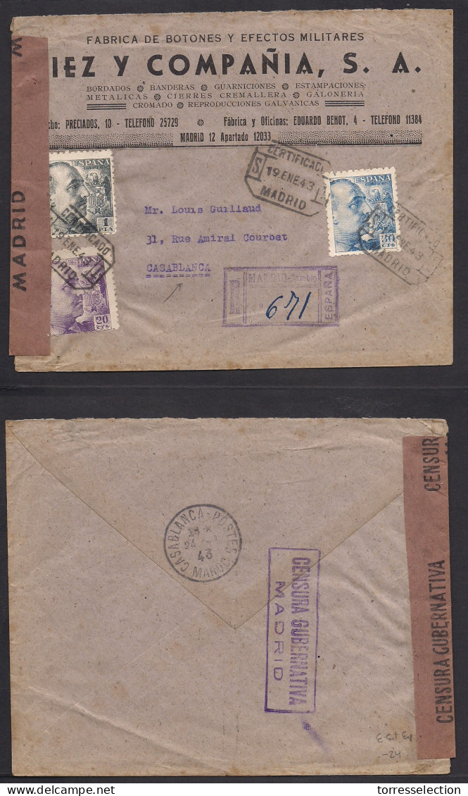 E-ESTADO ESPAÑOL. 1943 (19 Ene) Madrid - Casablanca, Marruecos. Sobre Comercial Illustrado Certificado Censurado Franque - Autres & Non Classés