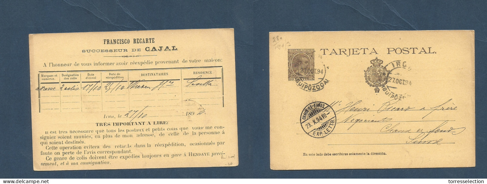 E-ENTEROS POSTALES. 1894 )27 Oct) Irun, Guipuzcoa - Suiza, Chaux De Fonds. EP 10c Pelon Con Imperion Reverso Purada. Fra - Other & Unclassified