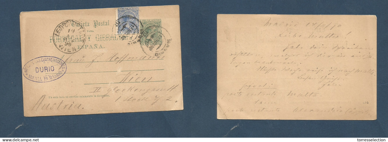 E-ENTEROS POSTALES. 1890 (15 Nov) Madrid - Austria, Wien (19 Nov) EP Pelon 5 Cts Verde + 5c Azul Adtl, Mat Fecha + Llega - Other & Unclassified
