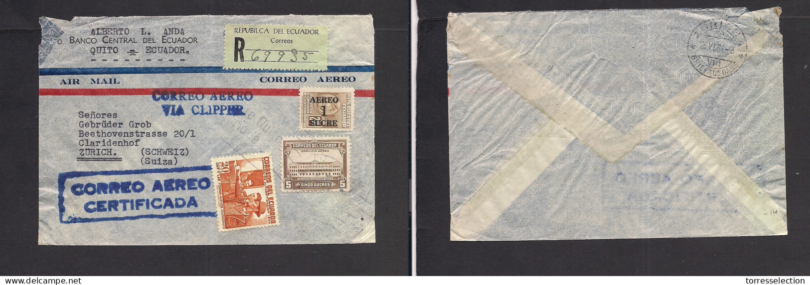 ECUADOR. 1954. Quito - Switzerland, Claridenhof (25 June) Registered Air Multifkd Envelope Via Clipper Cachet + R-label  - Equateur