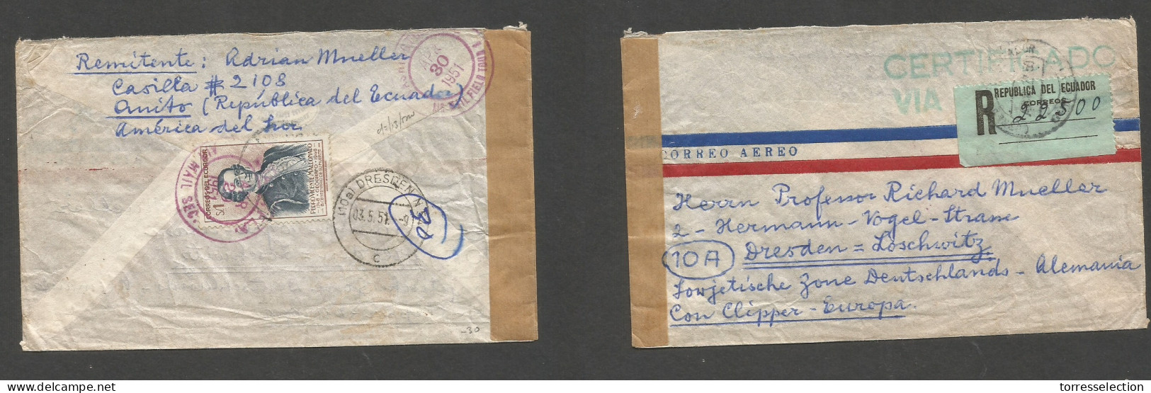 ECUADOR. 1951. Anito - Germany, Dresden /DDR (3 May) Registered Air Reverse Fkd Env At 1 Sucre Rate. Via New Orleans, LA - Ecuador