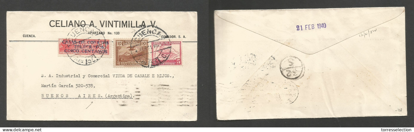 ECUADOR. 1940 (Feb 21) Cuenca - Argentina, Buenos Aires. Multifkd Env Incl Ovptd Provisional At 20c Rate, Cds. Arrival C - Ecuador