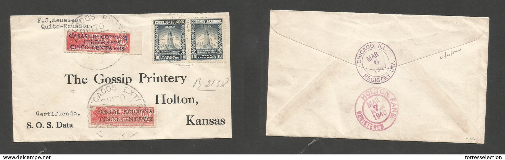 ECUADOR. 1940. Quito - USA, Kansas, Holton (6-7 March) Registered Multifkd Env At 30c Rate. Double Provisional Rate. XSA - Equateur