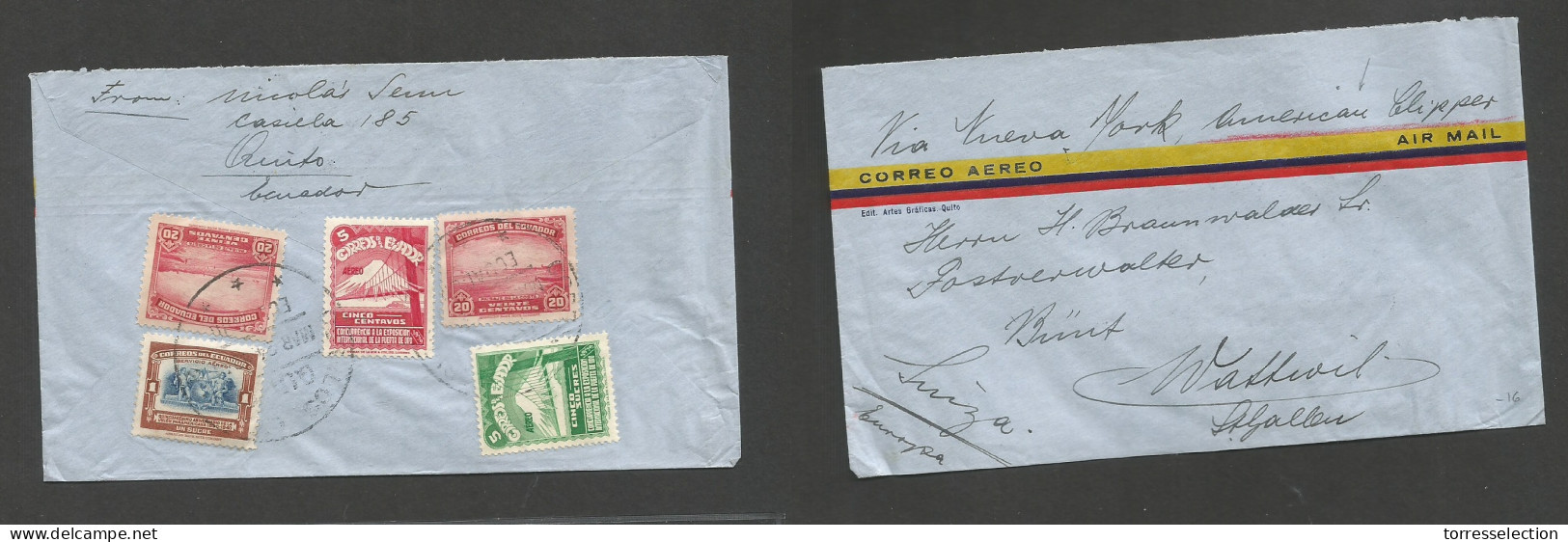 ECUADOR. 1940 (24 March) Guayaquil - Switzerland, Wattwil Via US - NY - Atlantic Clipper. Reverse Multifkd Env At 6,45 S - Ecuador
