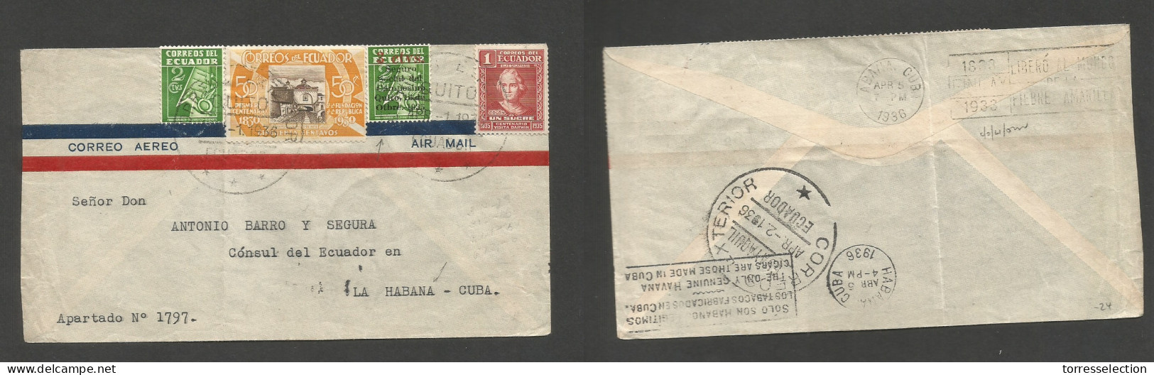 ECUADOR. 1936 (1 April) Quito - Cuba, Habana (5 April) Air Multifkd Env Incl Ovptd Issue At 1,52 Scarce Rate + Seguro Ov - Equateur