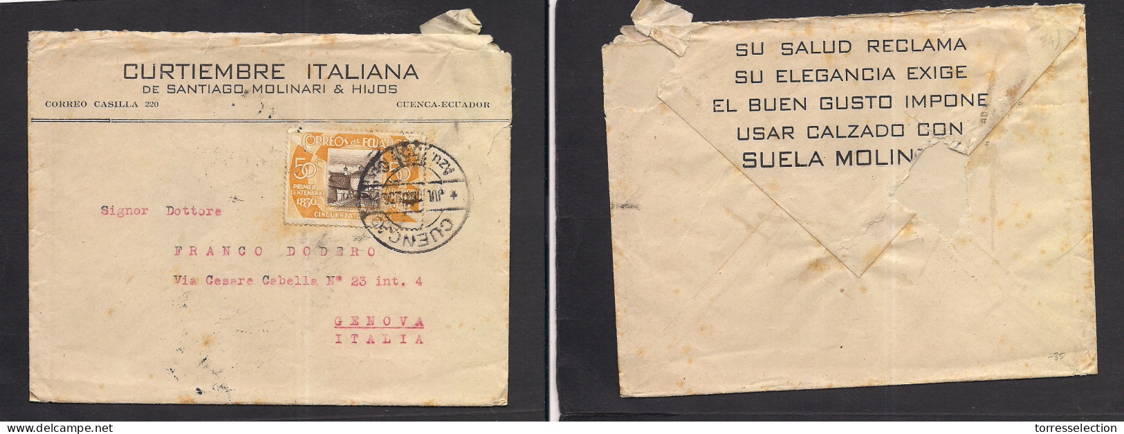 ECUADOR. 1936 (July) Cuenca, Azu, SS - Italy, Genova. Fkd Env 50c Bicolor Tied Cds + Contains. Better Usage. XSALE. - Ecuador