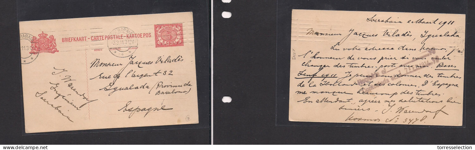 DUTCH INDIES. Dutch Indies - Cover -1911 Soerabaja To Spain Ygualada Barcelona 5c Red Stat Card. Easy Deal. XSALE. - Netherlands Indies