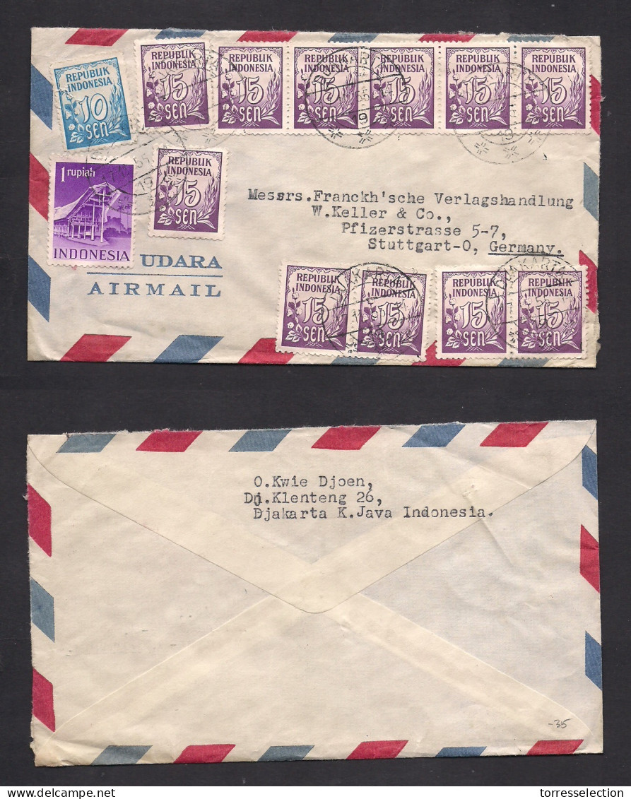 DUTCH INDIES. 1955 (17 Nov) Indonesia, Djakarta - West Germany, Stuttgart. Air Multifkd Env, Mixed Issues. XSALE. - Nederlands-Indië