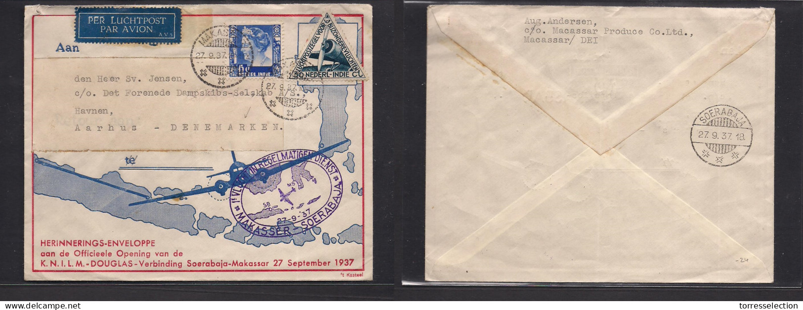 DUTCH INDIES. 1937 (27 Sept) Makassar - Denmark, Marhus. Air Mail Multifkd Env. Illustrated Special Cachet. XSALE. - Indes Néerlandaises