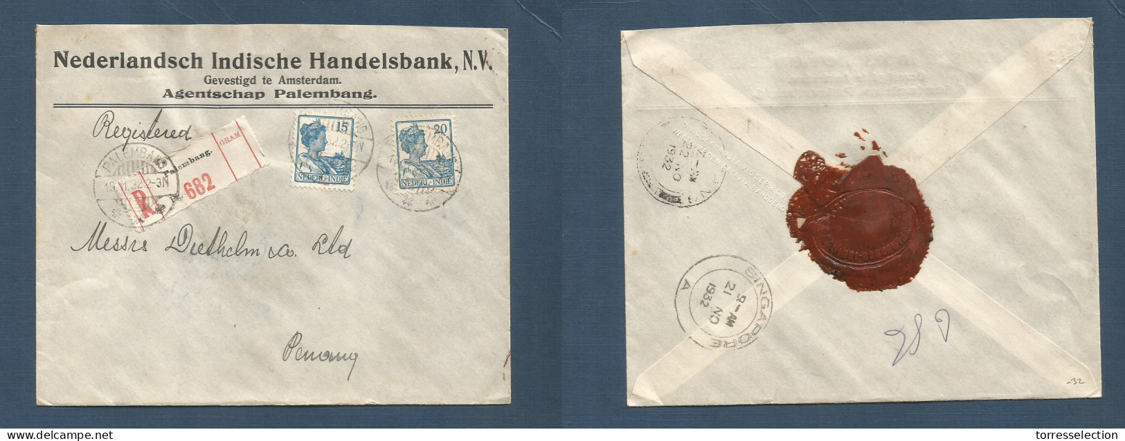 DUTCH INDIES. 1932 (19 Jan) Palembang - Penang (22 Nov) Via Sing. Registered Comercial Multifkd Env At 35c Rate Tied Cds - Netherlands Indies